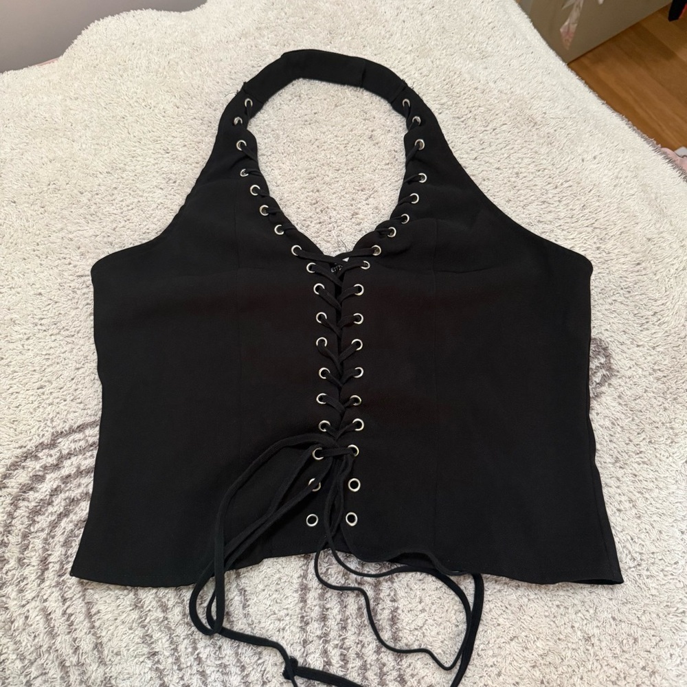 Black Lace-Up Halter Top
